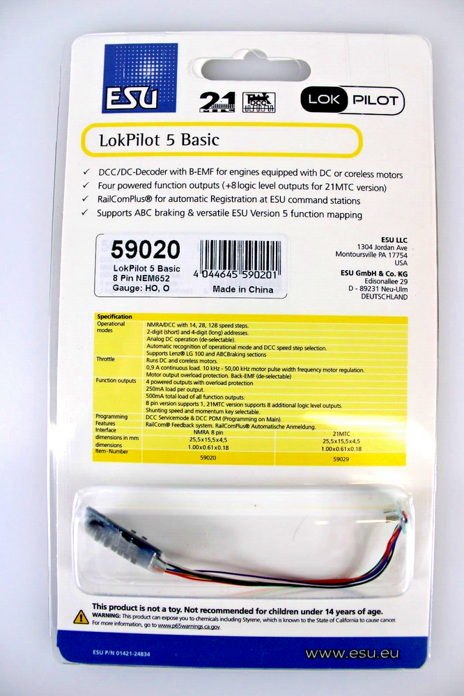 ESU 59020 LokPilot 5 Basic DCC Decoder 8 Pin Connector and Harness HO Scale