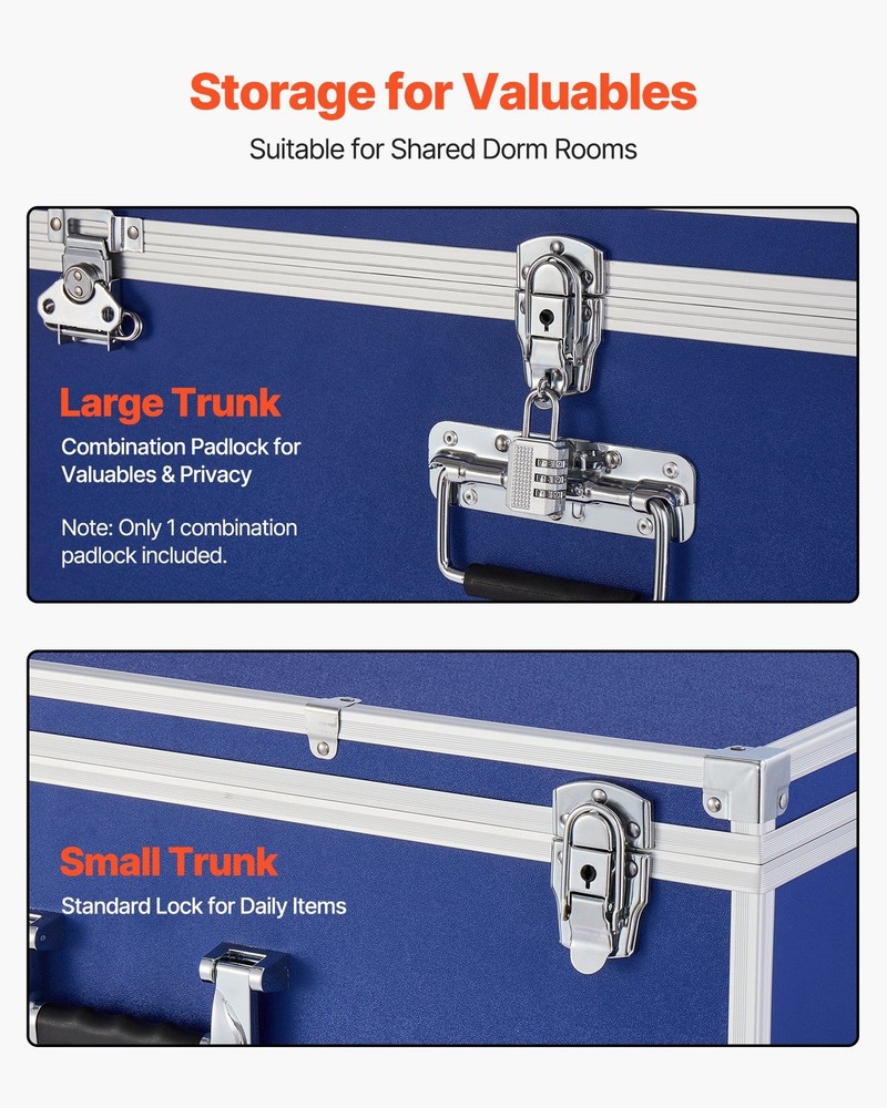 Blue Storage Trunk Set: Large w/ Padlock & EVA Lining, Small w/ Latch, 2-Piece
