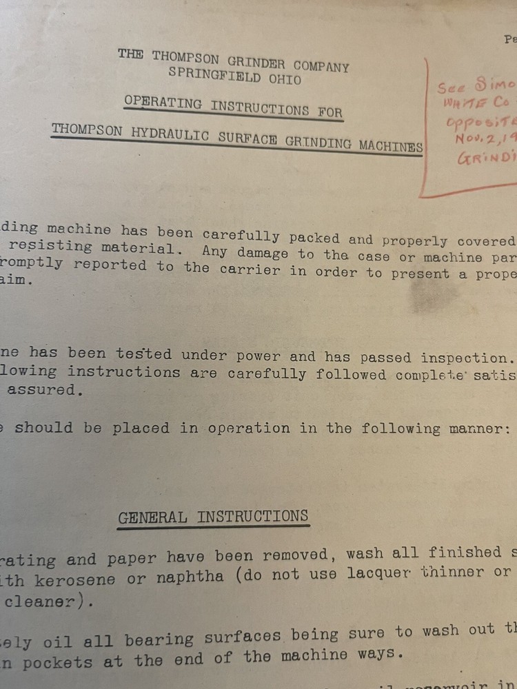 Operator's Instruction Manual for Thompson Hydraulic Surface Grinders
