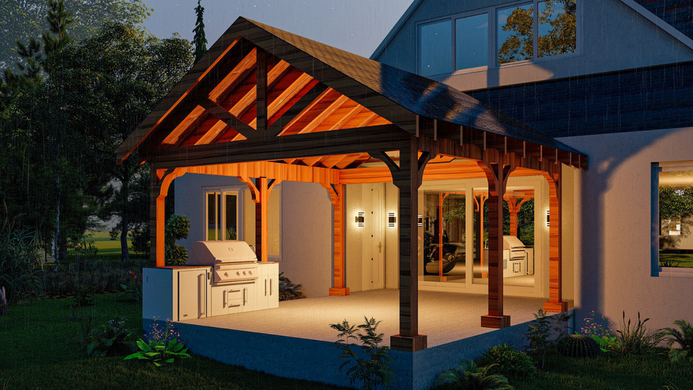 15’x16’ Cedar Canopy DIY Plans – Post Layout, Elevations, 3D Views, Roof Framing