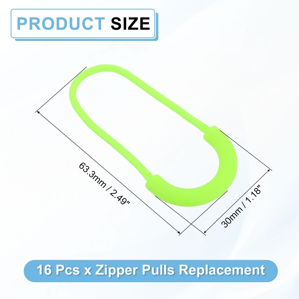 16Pcs U-Shape Zipper Pull Replacement Cord Extender, 63.5mm Fluorescent Green