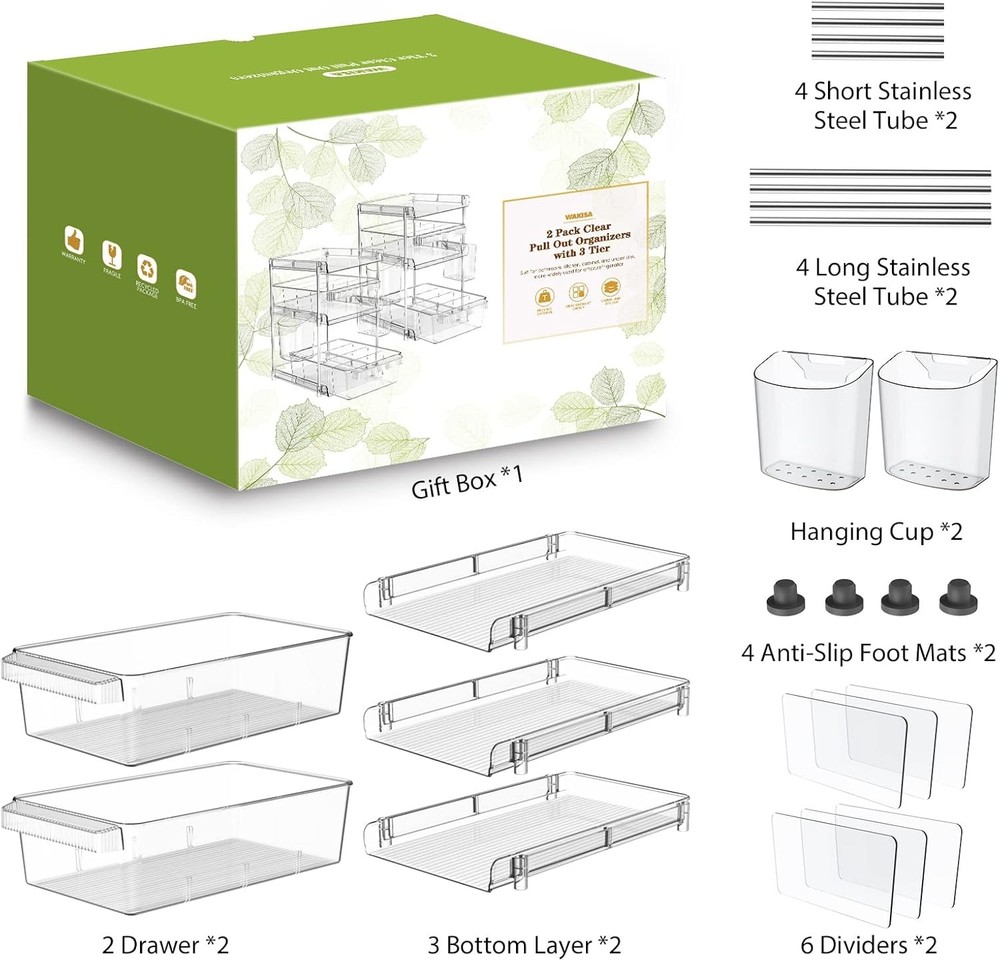 Clear Bathroom Organizers 2 Sets 3 Tier, Pull Out 2 PACK, Transparennt