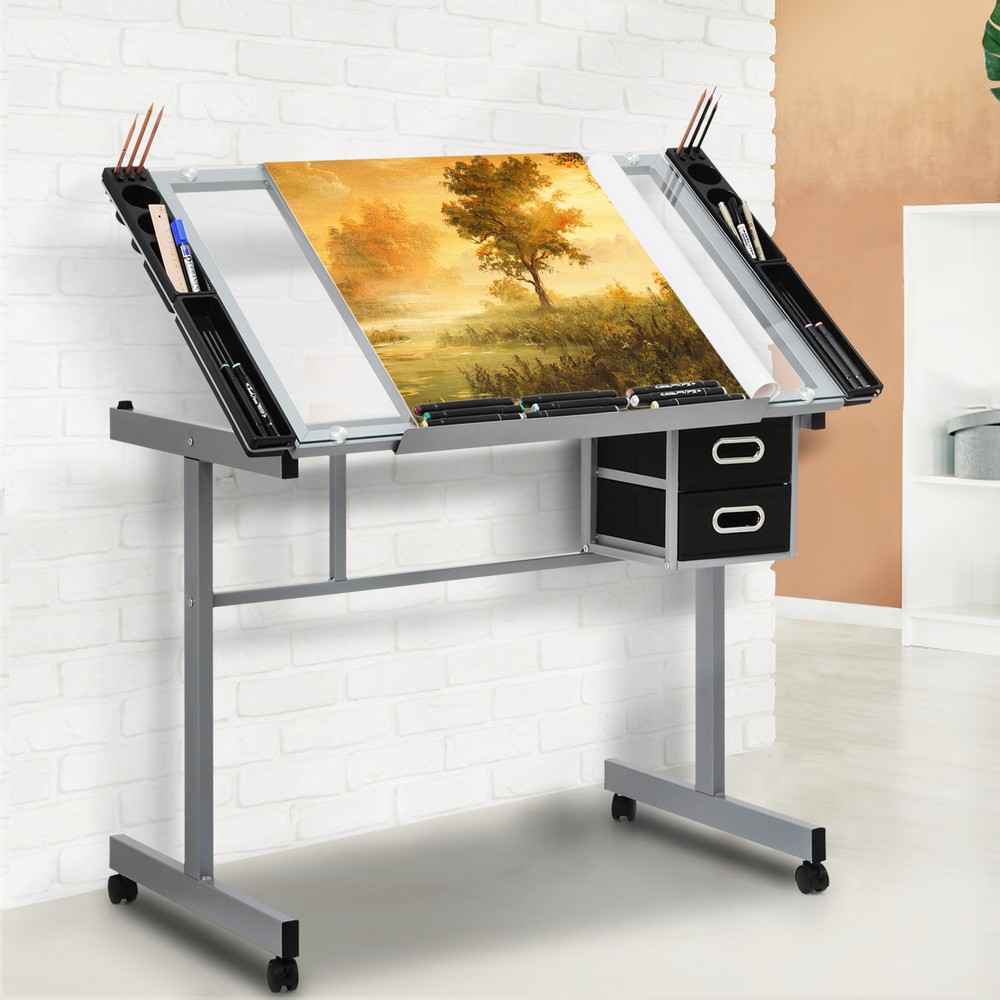41" Adjustable Rolling Drafting Table Tempered Glass Tabletop Craft Work Station