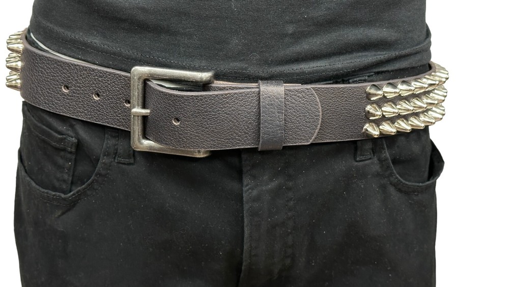 THREE Row SILVER UK77 CONE Stud Belt Leather Handmade Studded Belt Punk Goth