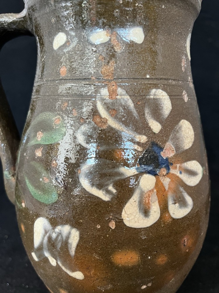 Fantastic Circa 1800’s Redware Milk Pitcher. Applied Handle Painted Florals.