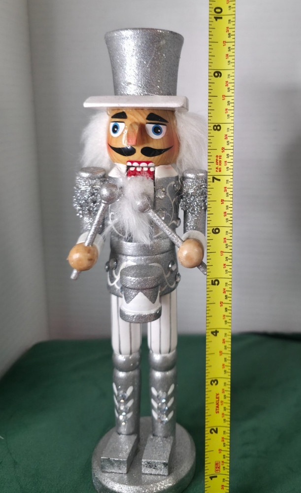 Silver & White Drummer Nutcracker – 10" – Glitter & Rhinestones – Boxed