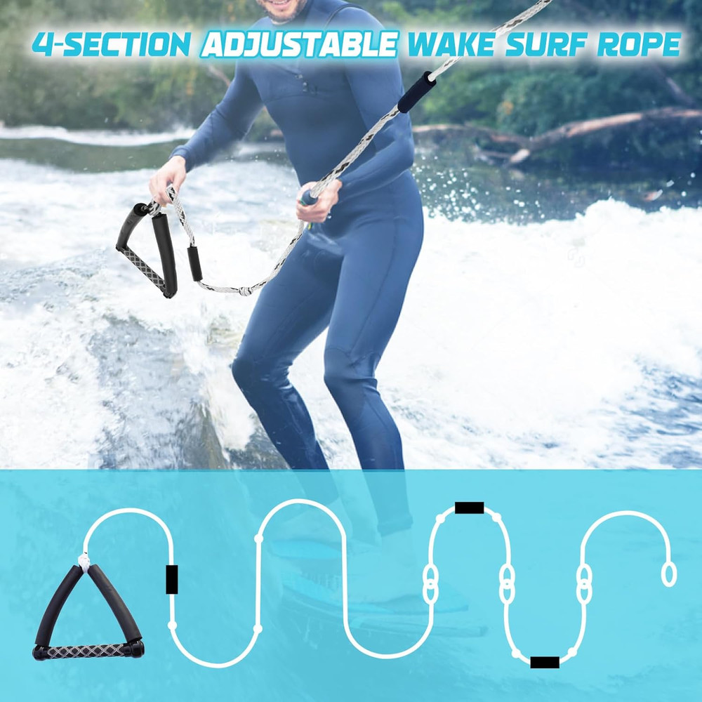Wakesurf Rope - 25Ft Floating Wake Surf Ropes and Handle, 4 Sections Adjustable