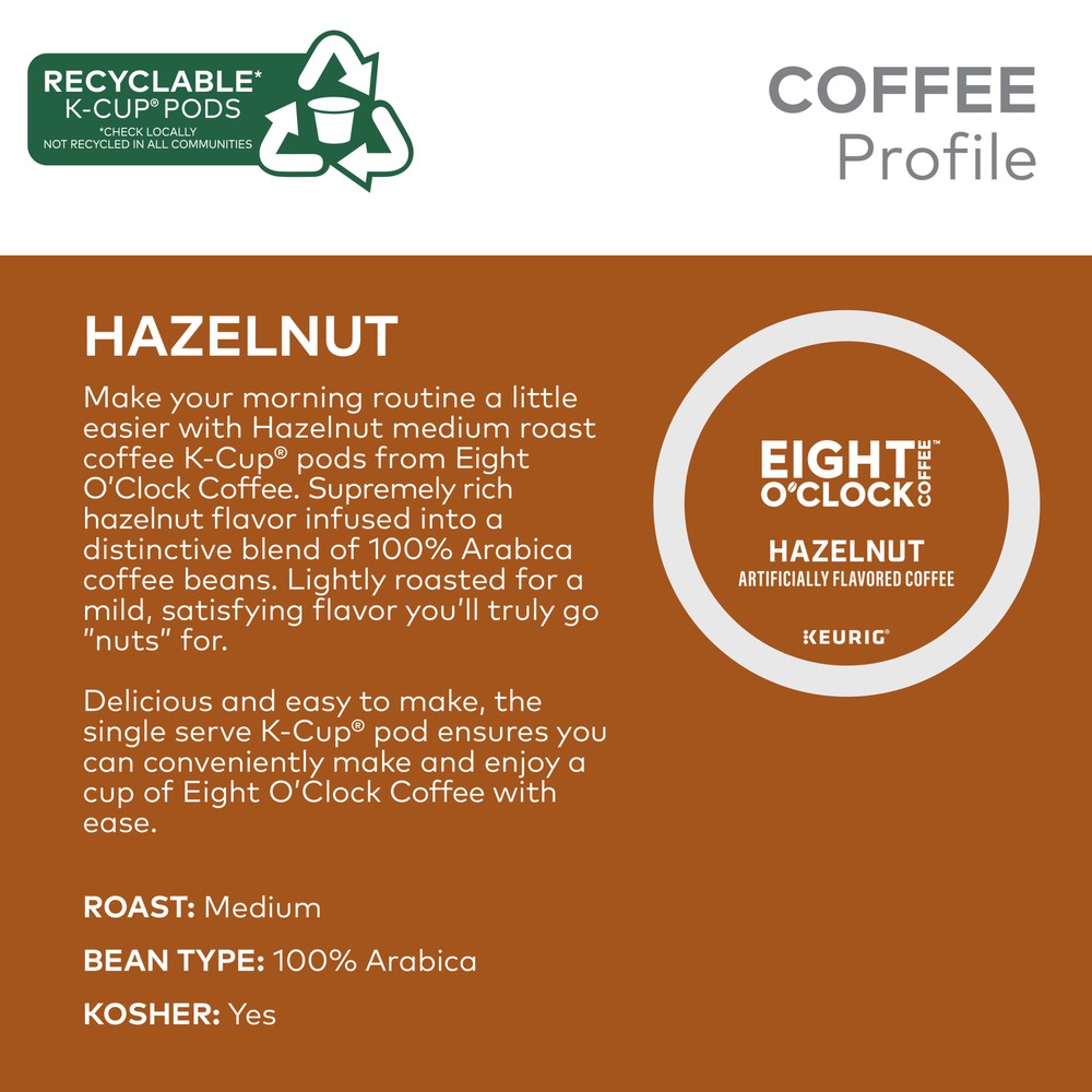 Eight O'Clock Hazelnut Coffee, Keurig K-Cup Pod, Medium Roast, 96 Count