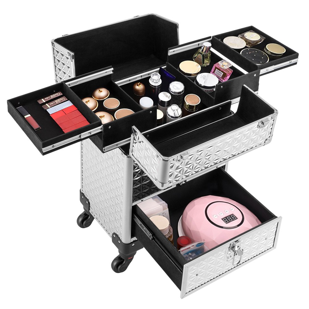 Rolling Makeup Train Case Professional Cosmetic Trolley Makeup Storage Organizer