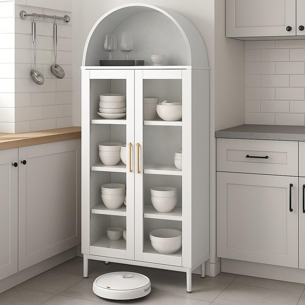 73" Tall Metal Arched Storage Cabinet with Glass Doors Modern Kitchen Cupboard