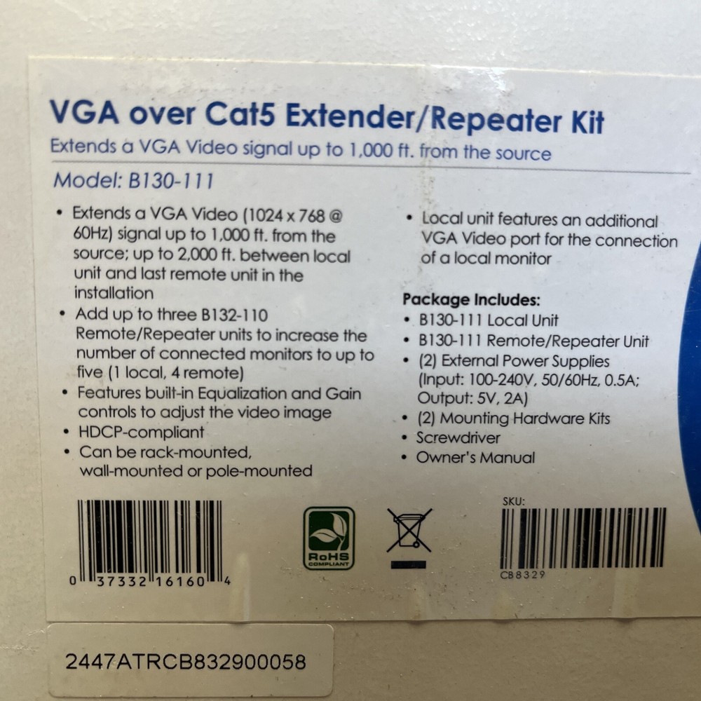 TRIPP LITE B130-111 VGA OVER CAT5 EXTENDER REPEATER TRANSMITTER TRANSCEIVER