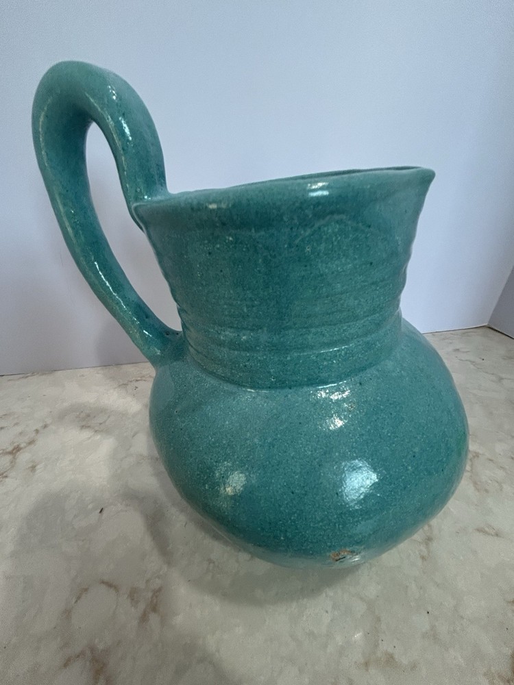 Art Studio 9”H Blue Pitcher Unique Handle Mexico