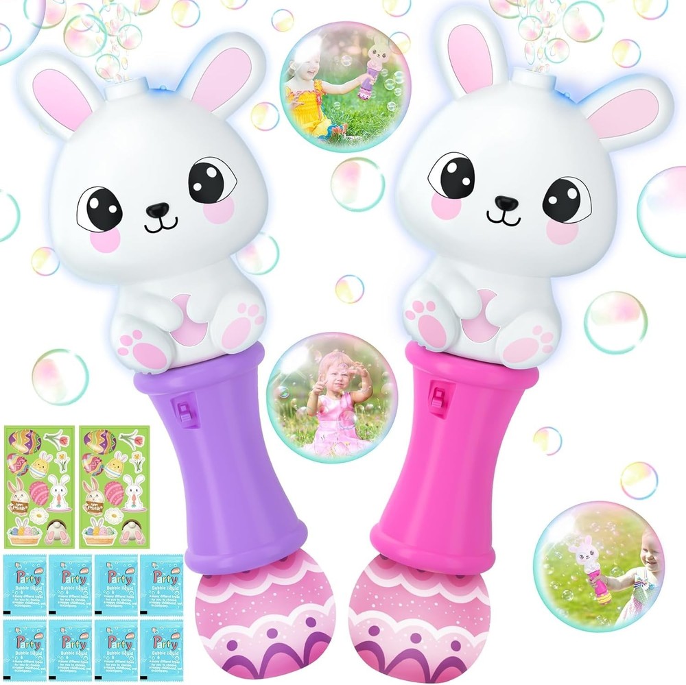 2 Pack Easter Bunny Bubble Wand for Kids, Automatic Bubble Machine with LED L...