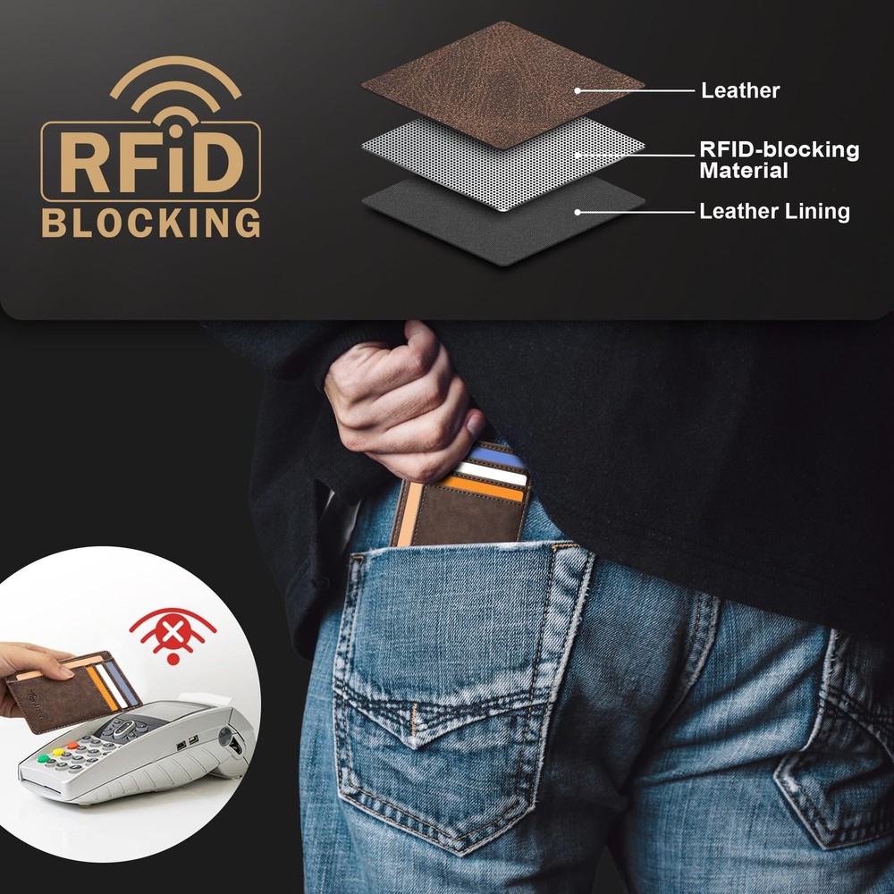 Travelambo Slim Wallet Front Pocket Minimalist Leather RFID Medium, CH Coffee