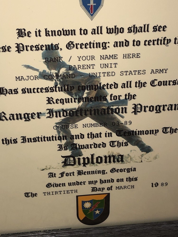 RANGER INDOCTRINATION PROGRAM DIPLOMA - U.S. ARMY / COMMEMORATIVE CERTIFICATE