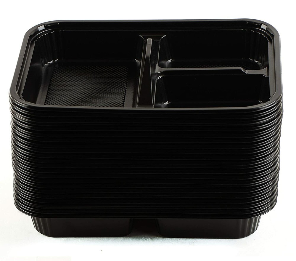 [ 45 Pack ] 3 Compartment Black Disposable Container with Lids