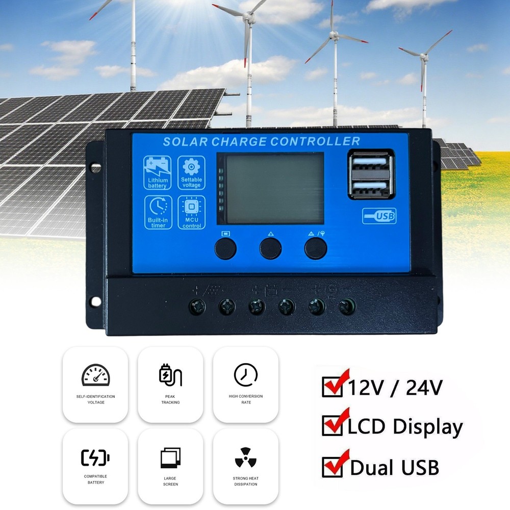 30A Solar Panel Battery Charge Controller 12V/24V LCD Regulator Auto Dual USB US