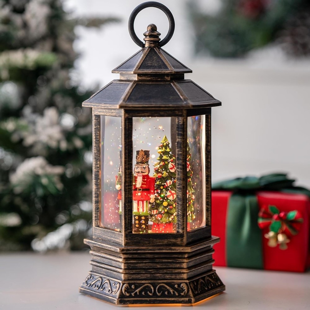 Musical Christmas Snow Globe Lantern Lighted Nutcracker Tree Glitter Decor