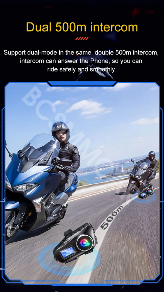 Motorcycle Intercom Helmet Bluetooth Headset Rider FM LCD Flashlight Waterproof