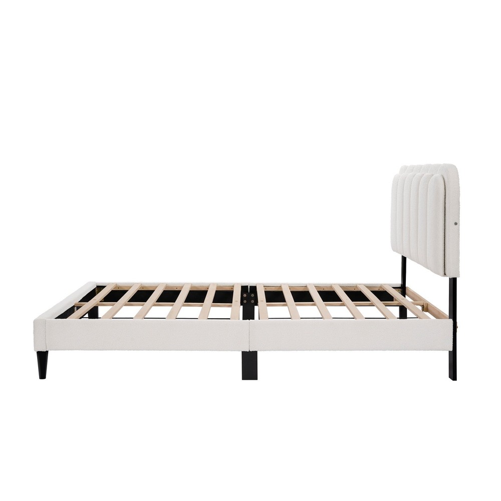 Full/Queen Size Platform Bed Frame w/ Upholstered Headboard & LED Light White