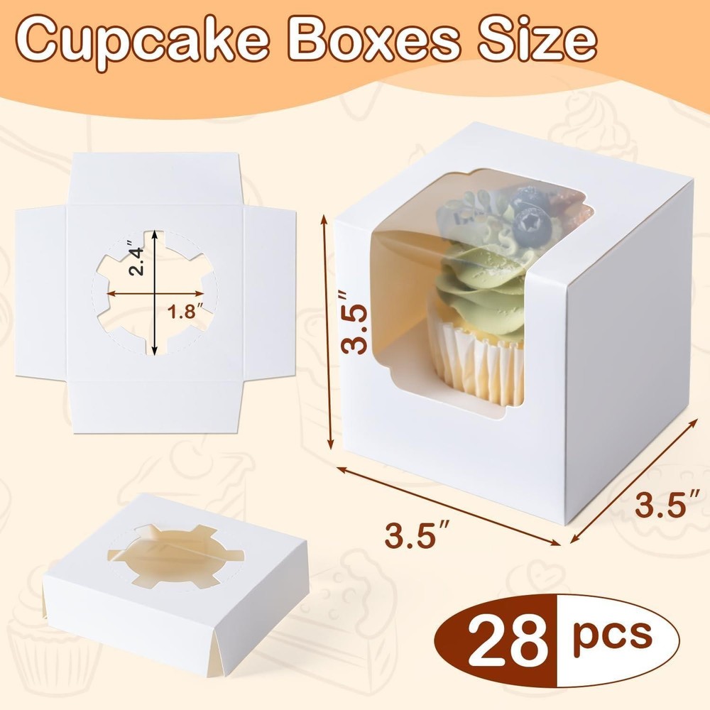 28PCS Cupcake Boxes Individual Containers Window Inserts Stackable White