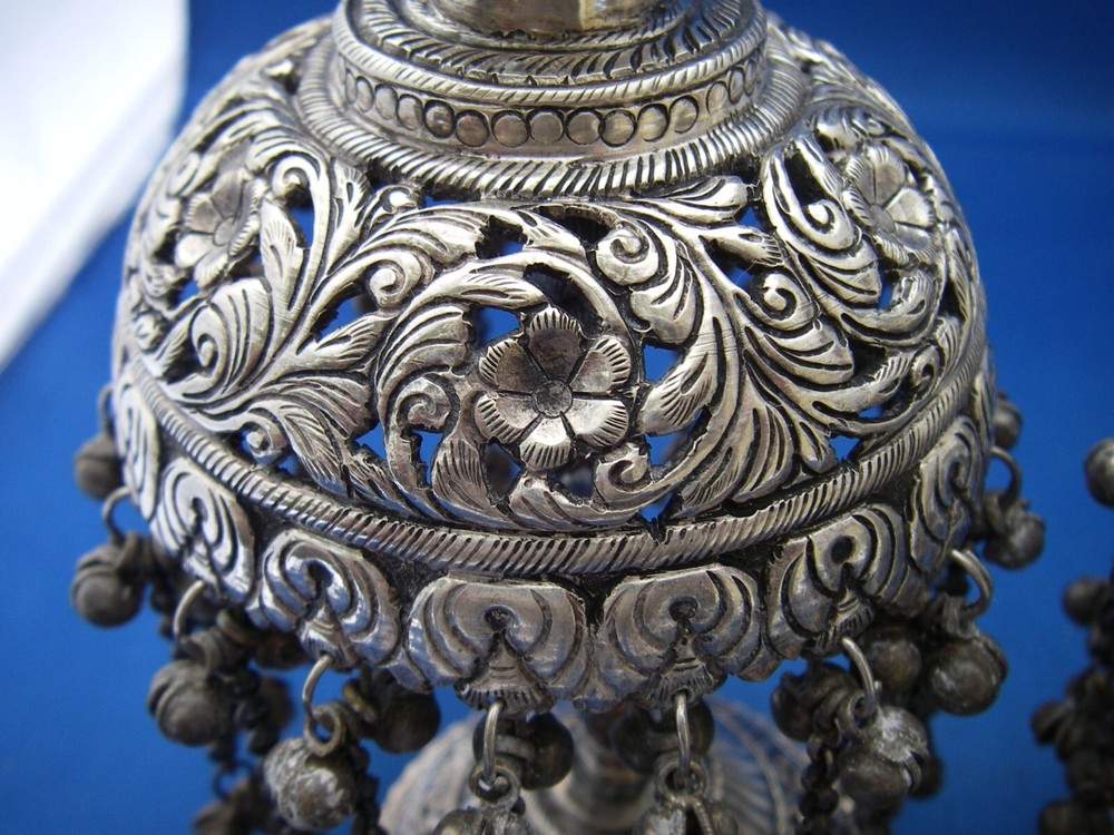 Old PAIR INDIAN Silver PALM / UMBRELLA Shaped CANDLESTICKS-Pierced-Bell Dangles