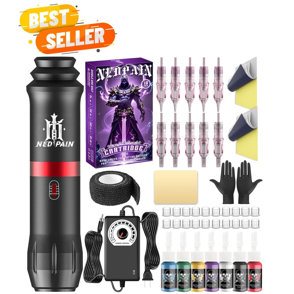 Ultimate Tattoo Starter Kit: Machine, 10 Needles, 7 Inks - For Beginners & Pros