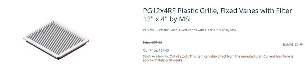 Plastic Grille, Fixed Vanes with Filter 12" x 4" by MSI (PG12x4RF)