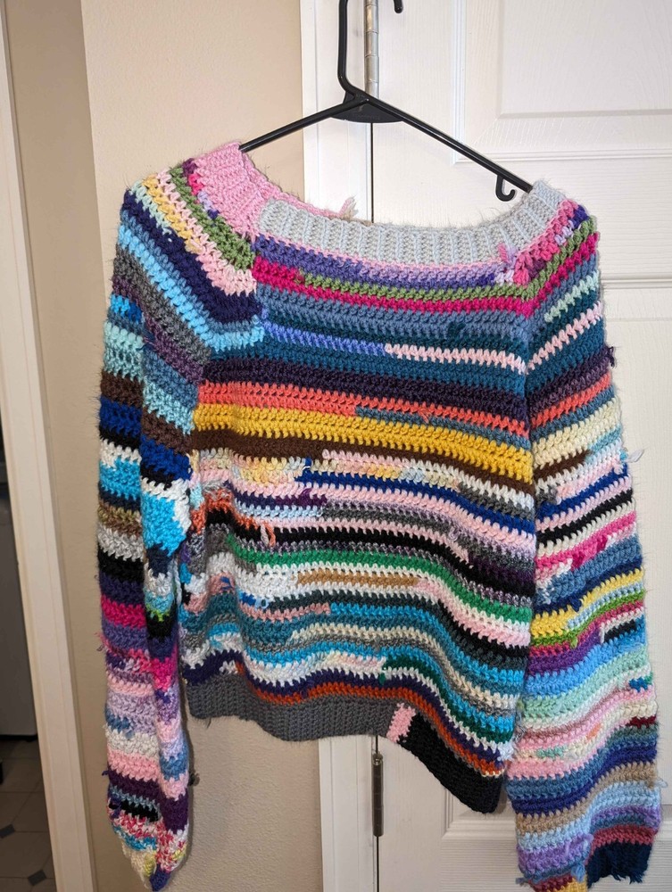 Handmade Raglan Style Crocheted Scrap Sweater Yarn Sized Medium