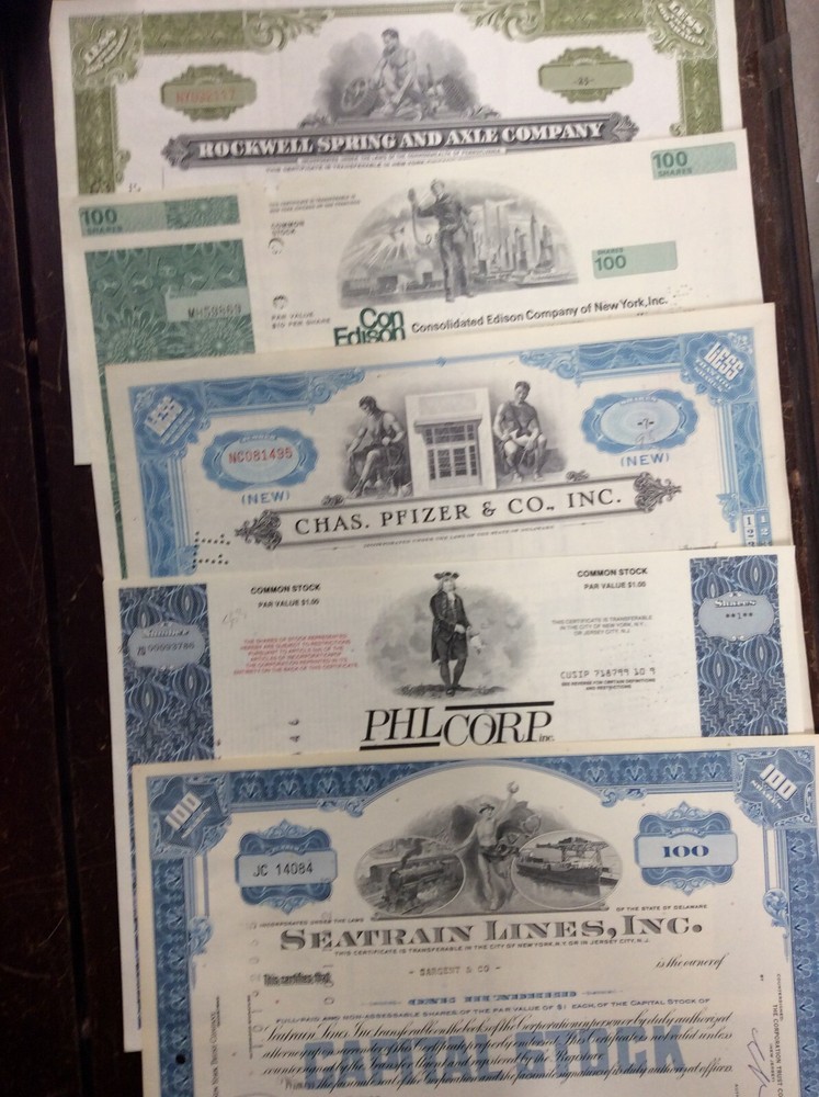 5 Different Stock Certificates Set "A"   Free Shipping