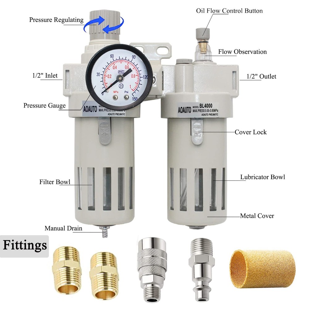 1/2 NPT Compressed Air Filter Regulator Lubricator Combo,Air Tool Compressor Fil