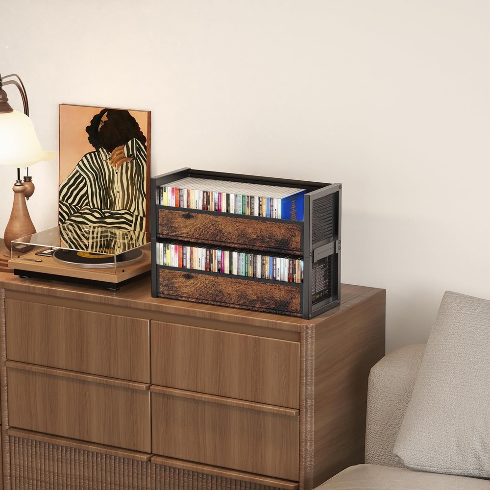 2-Tier CD Holder with Fabric Wood Grain Texture, Stackable CD Storage Case an...