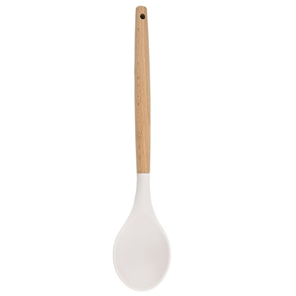 1pc White Silicone Solid Spoon with Wooden Handle, Heat Resistant Cooking Ute...