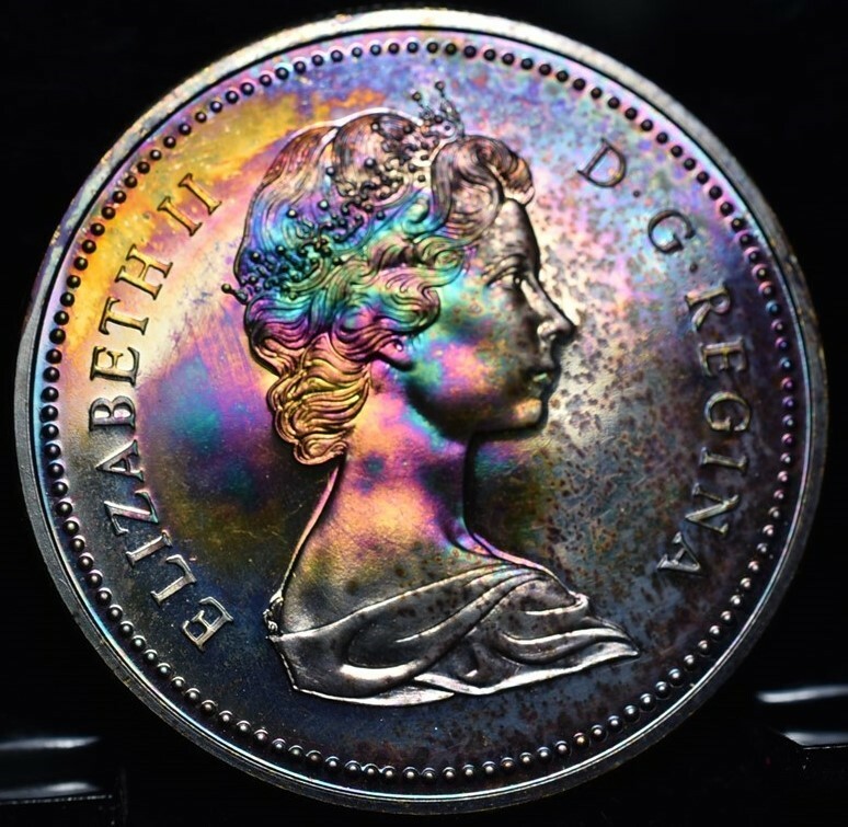 1971 Canada British Columbia $1 - Electrifying Rainbow Toning! Must See