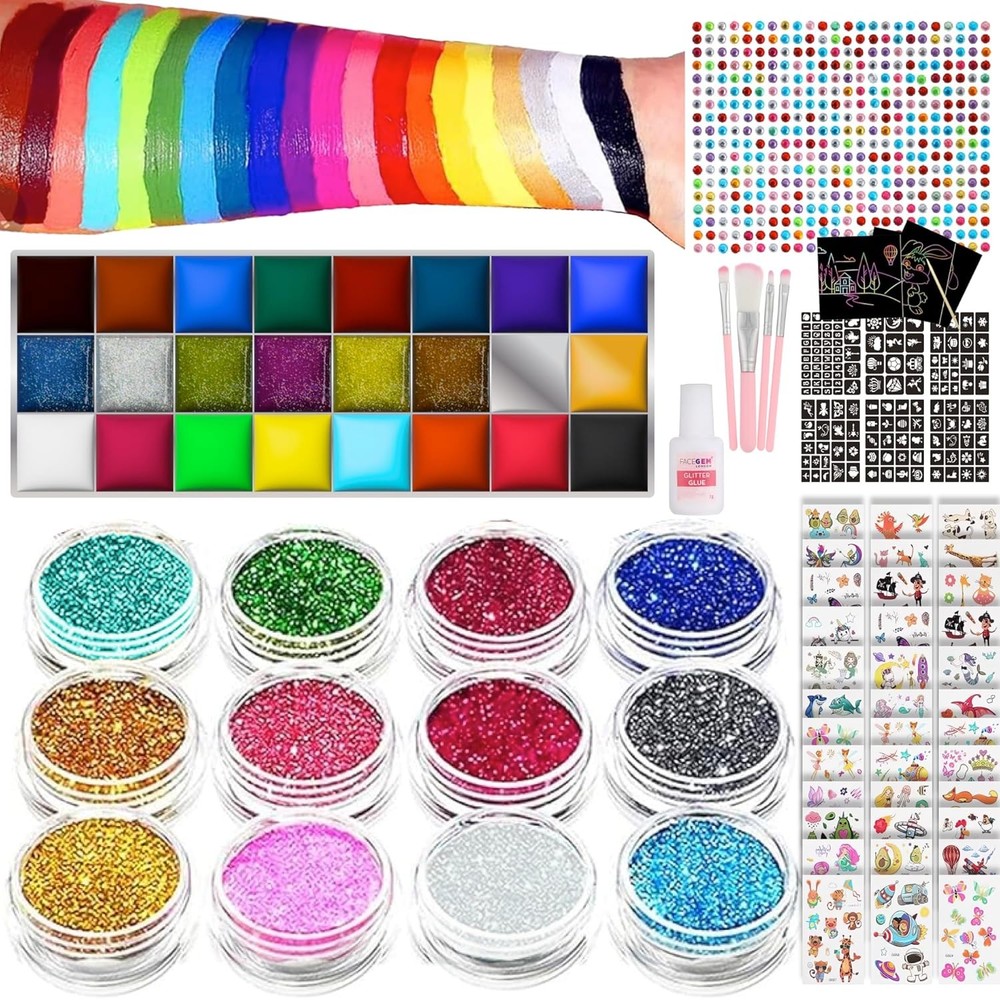 Face Paint Kit - Glitter Tattoos, Gems, Temporary Multicolor
