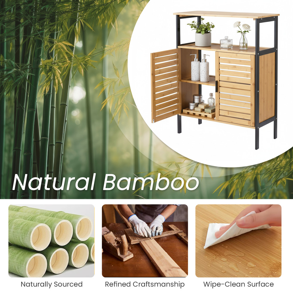 Bamboo Bathroom Storage Cabinet with Open Shelf and Sliding Doors Brown