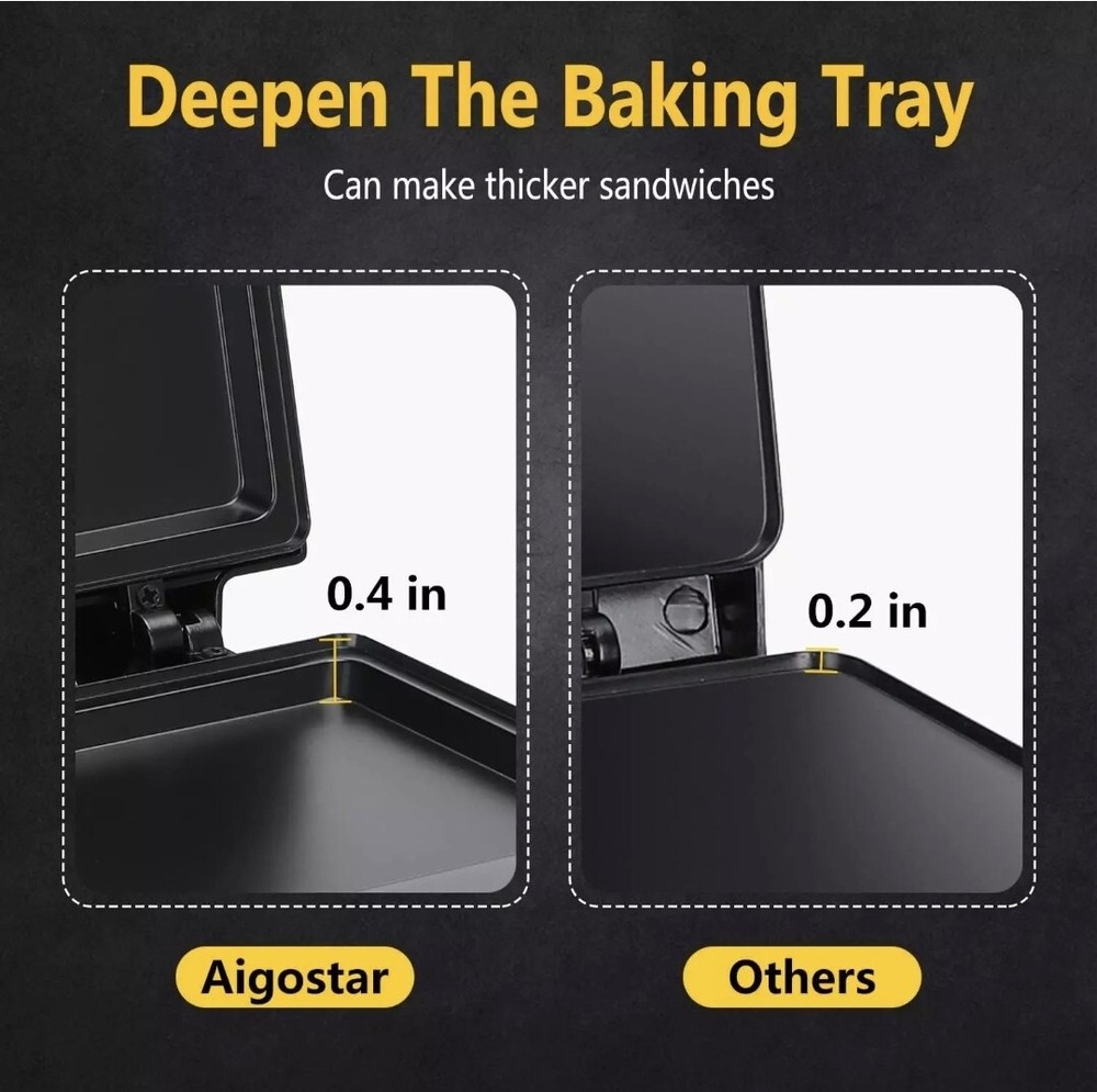 Aigostar Sandwich Maker with Non-Stick Deep Grid Surface