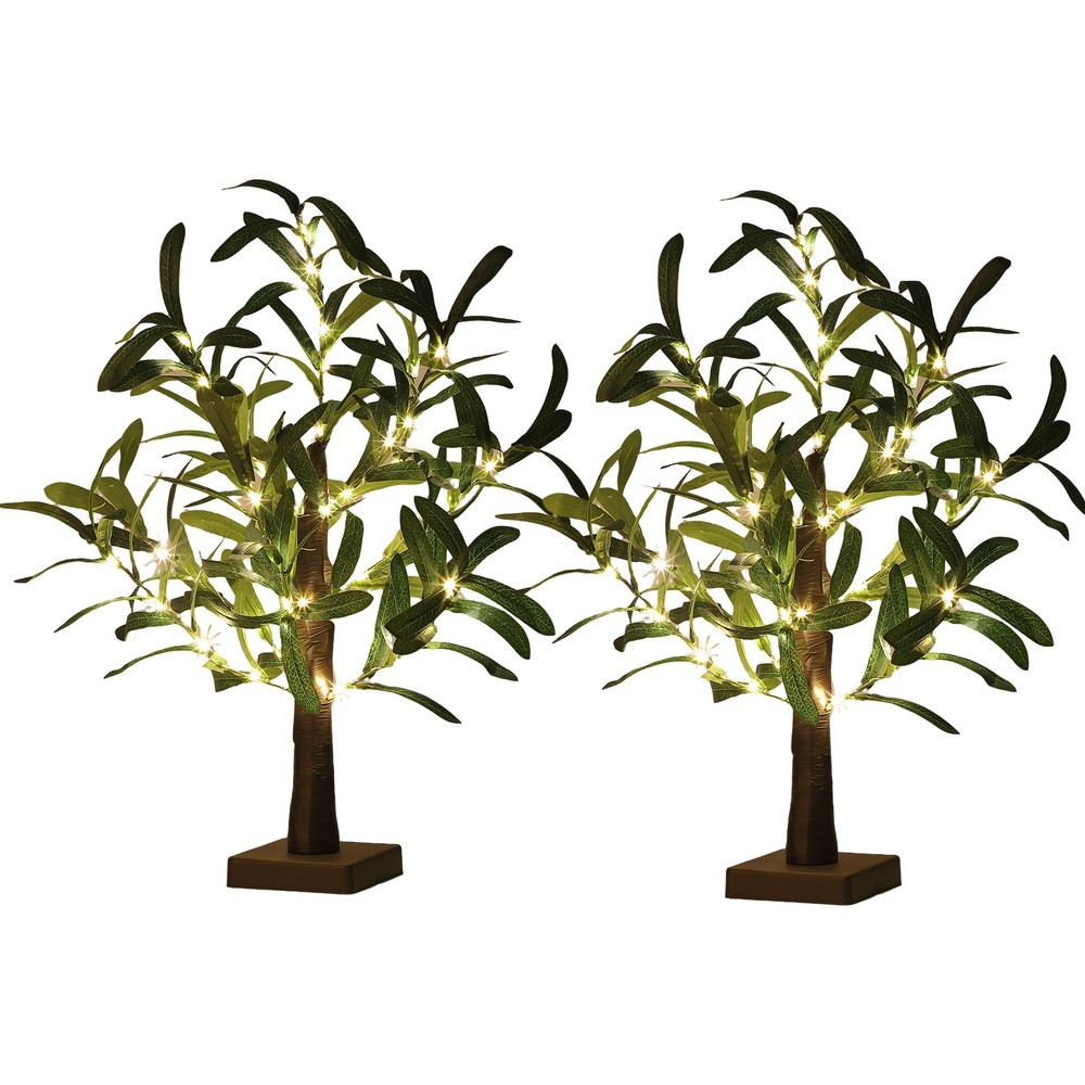 2 Pack Lighted Olive Tree, 21" Artificial Tabletop Tree w/ 50 LED Fairy Lights