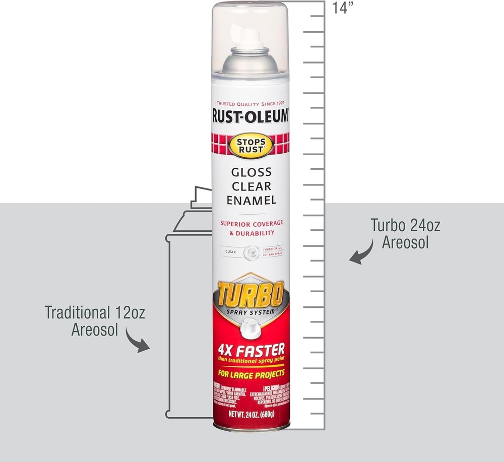 Rust‑Oleum Turbo Spray Paint, Gloss Clear, 24oz, Stops Rust, 6 Pack