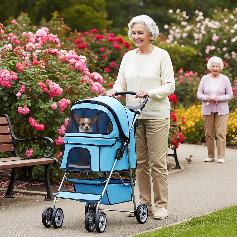 4-Wheel Pet Stroller - Blue Foldable Carrier with Cup Holder