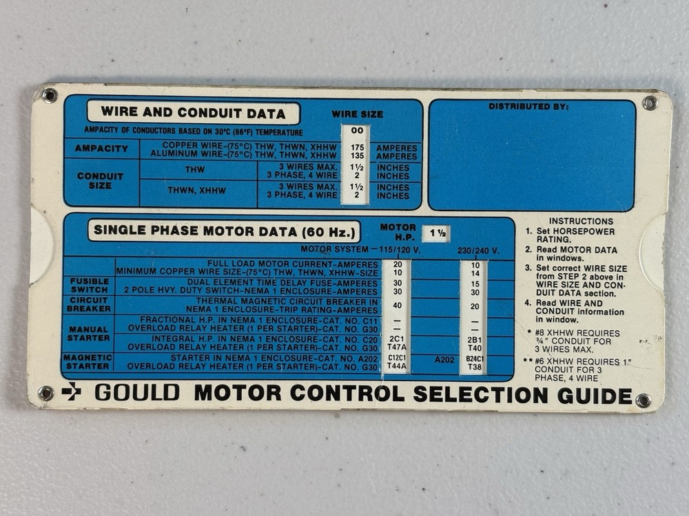 Vintage 1983 Gould Motor Control Selection Slide Chart – 1981 NEC Reference