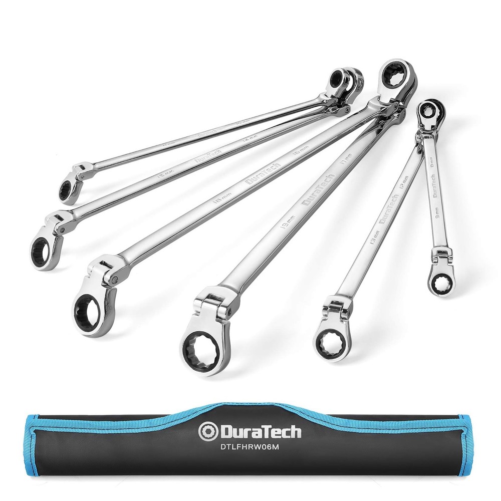 DURATECH Extra Long Flex-Head Ratcheting Wrench Set, Double Box Silver