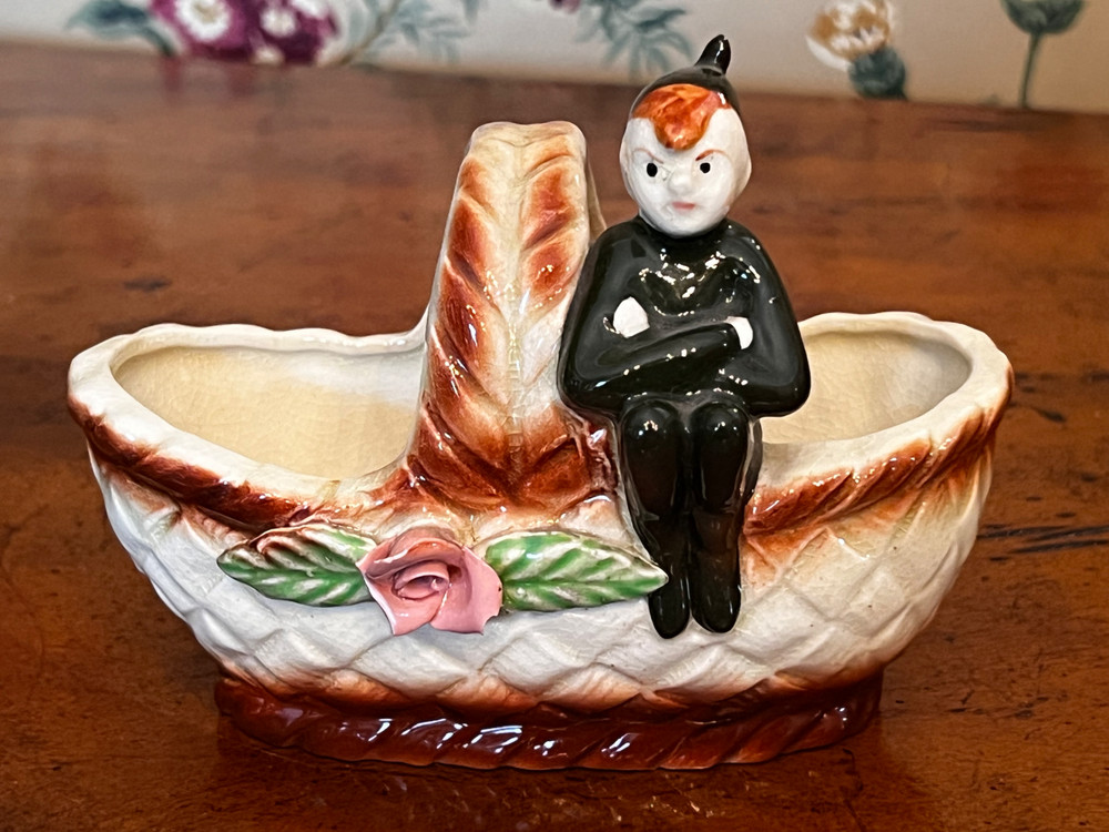 Vintage MCM Springtime Pixie Elf Ceramic Basket Planter Japan