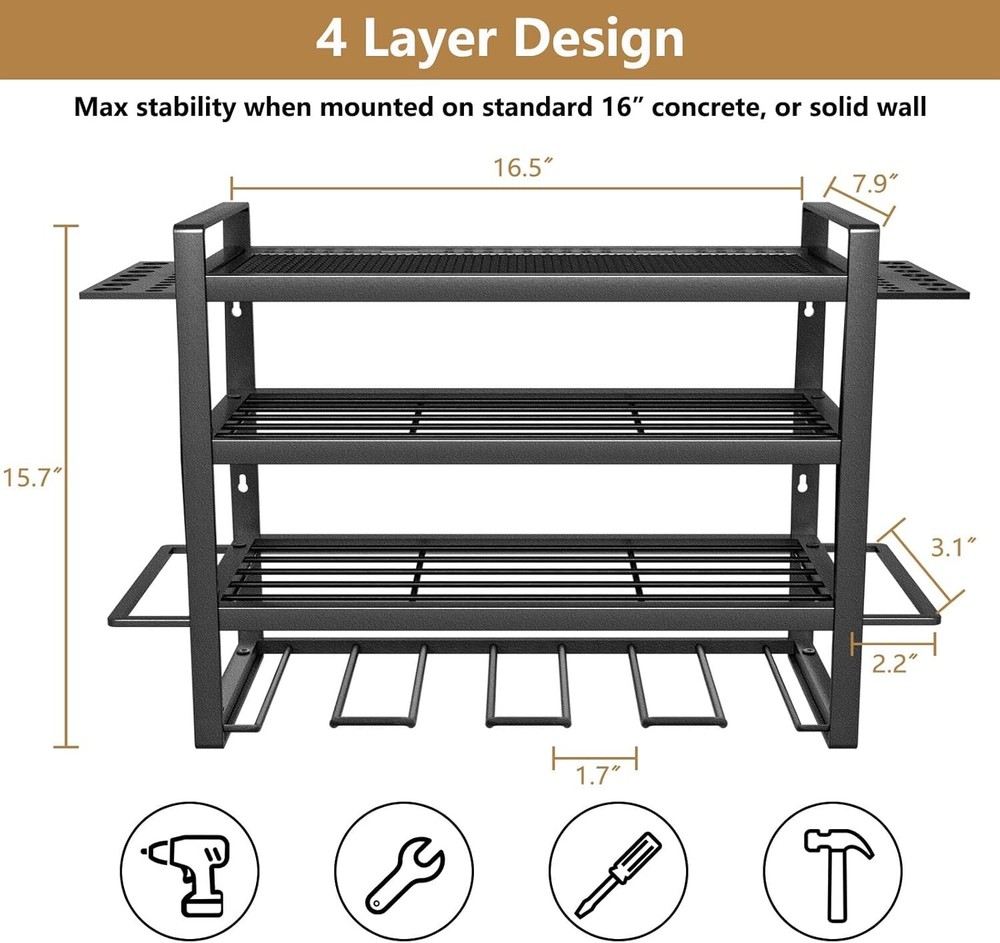 Wall Mount Power Tool Organizer Drill Hanger 4 Layer Tools Storage Shelf Garage