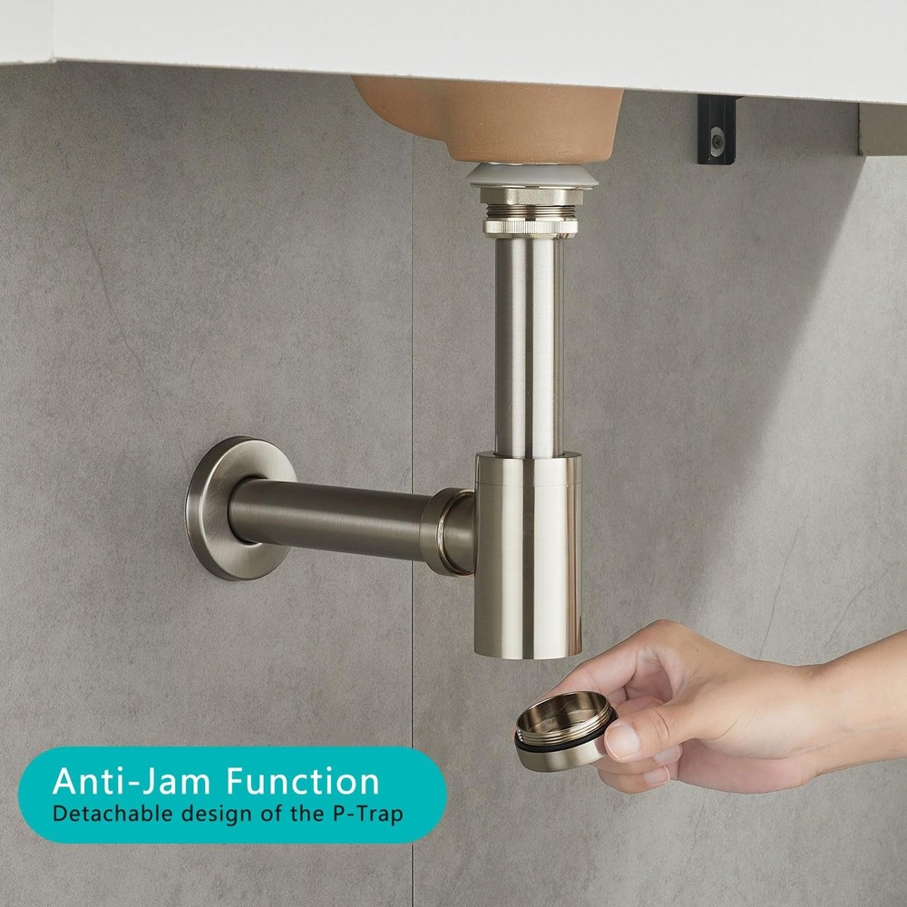 Solid Brass Bathroom Sink P-Trap Complete Set, Adjustable 1-1/4 Bottle Trap w...