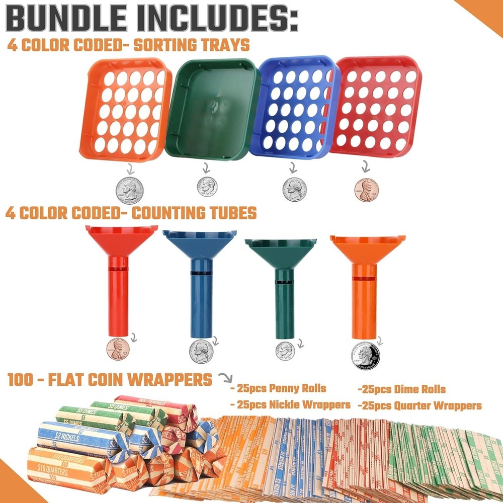 Ultimate Coin Counting Solution - 4 Trays, 4 Tubes & 100 Assorted Roll Wrappers