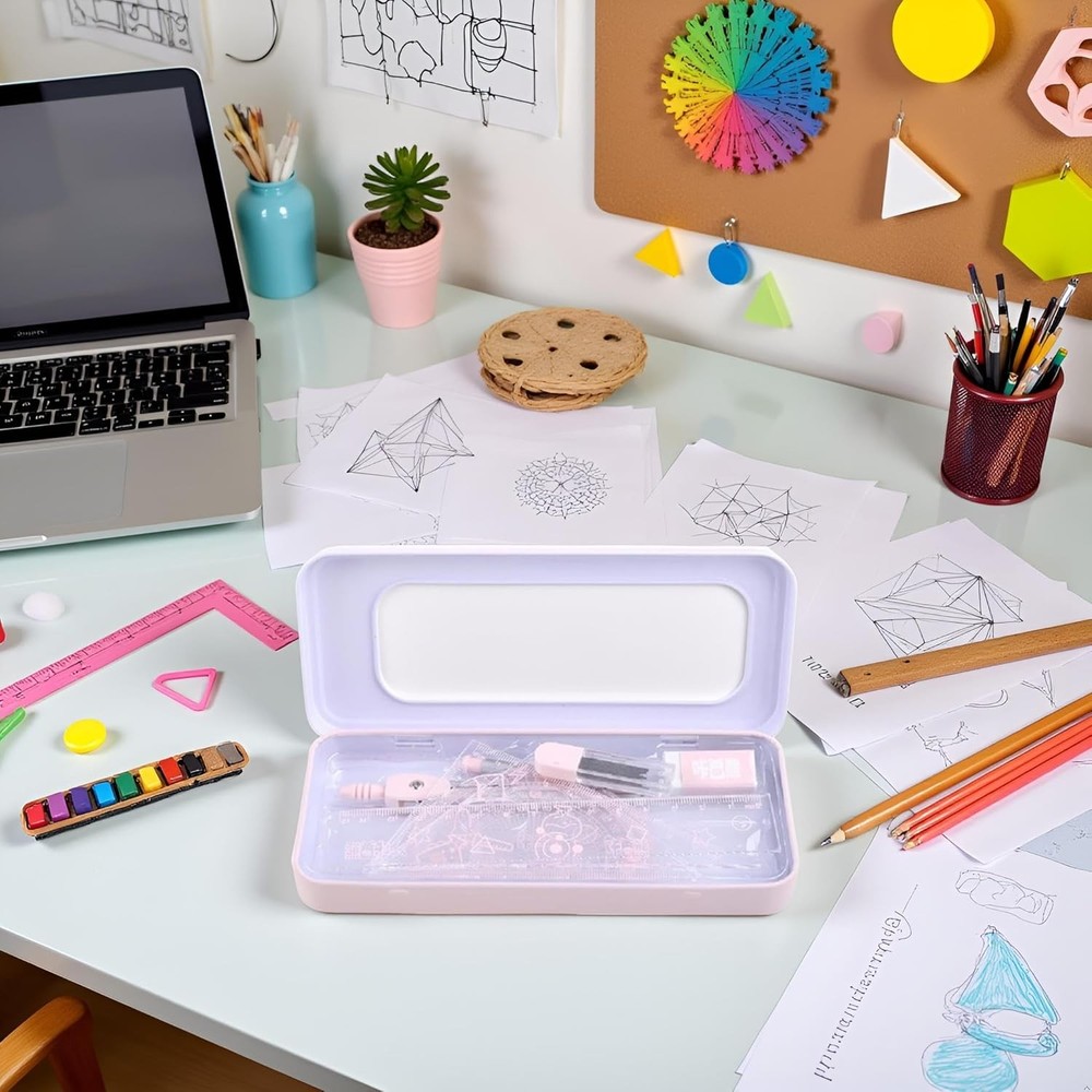 7 Pcs Pink Compass & Protractor Set with Case – Geometry Drafting Tools Kit