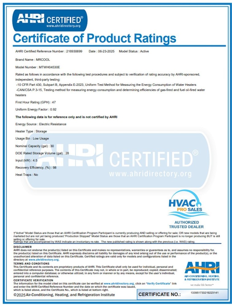 MRCOOL HeatWise 4500W Electric Tank Water Heater 50 Gal 10-Yr Warranty 240V