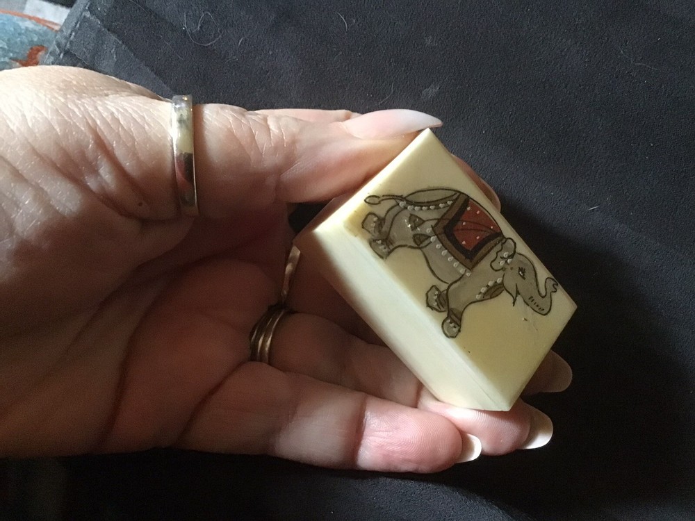 RARE Hand Painted Elephant On Solid Camel Bone Trinket Box From India