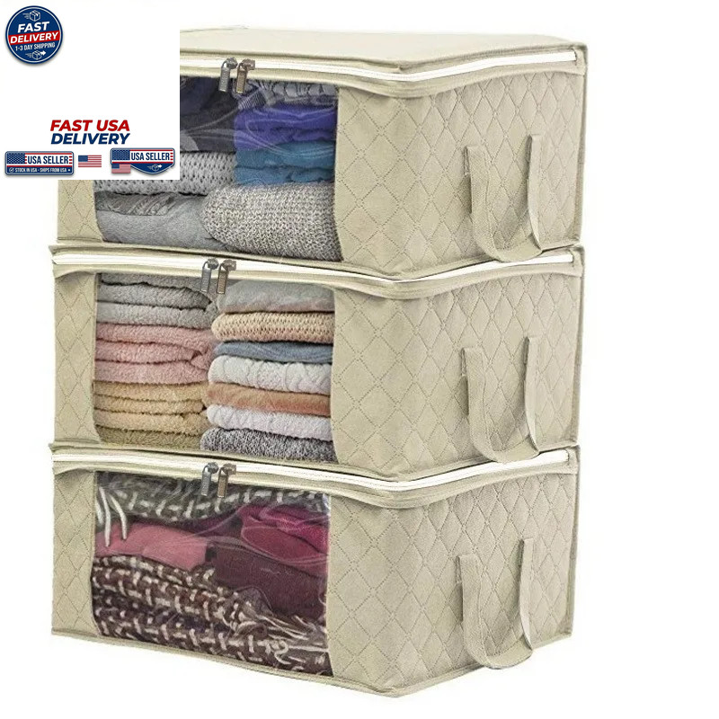 3Pc Large Foldable Clothes Blanket Storage Bag Bedroom Closet Organizer Grey